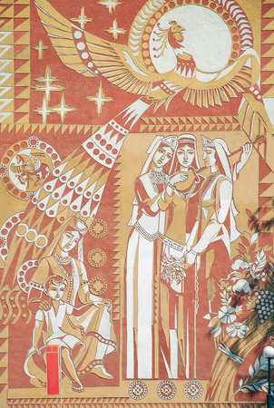 Decorative panels in the technique of sgraffito on the front wall of an apartment building. Samarkand, st. Registan, d. 9のeditorial素材