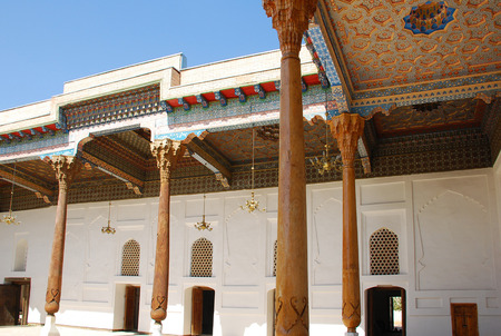 Carved ceiling in Ivon Friday mosque in Bukharaのeditorial素材