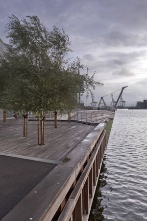 Greening the pier with trees and twilight on the beach in the city of ?rhusのeditorial素材