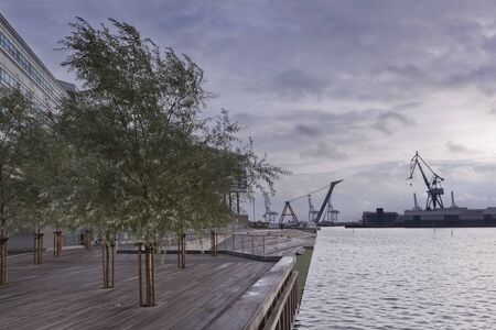 Greening the pier with trees and twilight on the beach in the city of ?rhusのeditorial素材