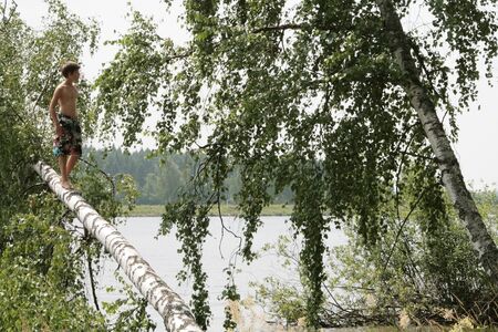 The boy stands and looks into the distance on a fallen birch in the leaves. Russianの写真素材