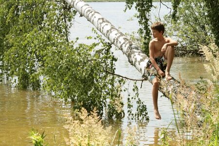 A tanned boy of 12 years old is sitting on a birch trunk that has fallen. Russianの写真素材