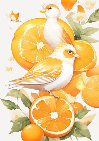 An orange and bird Watercolor vector white background, Generative AIの素材