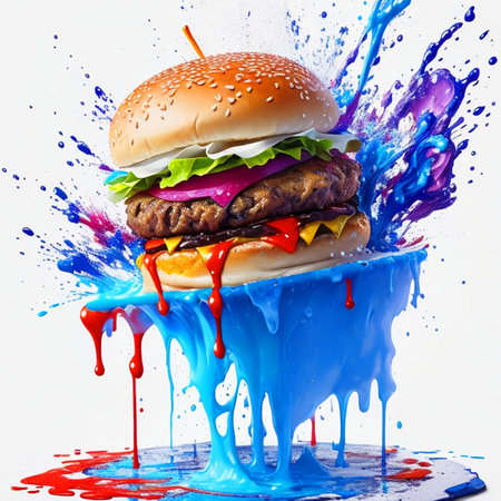A hamburger splash colorful white background, Generative AIの素材