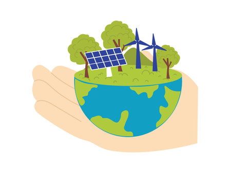 hand with ecology planet earth and windmill vector illustration designiconiconのイラスト素材