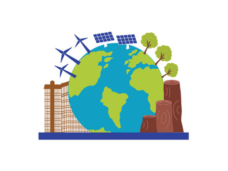 world planet earth with trees and wind turbines isolated icon vector illustration designのイラスト素材