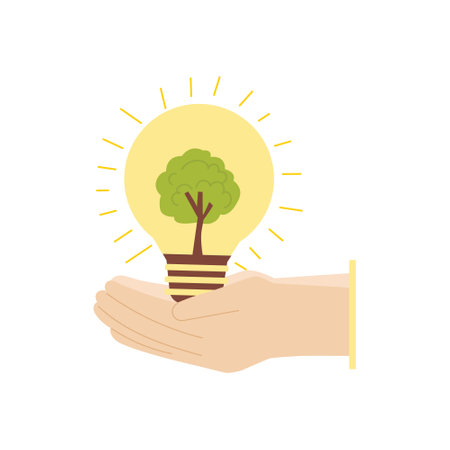 Hand holding a light bulb with a tree growing inside. Vector illustration.のイラスト素材