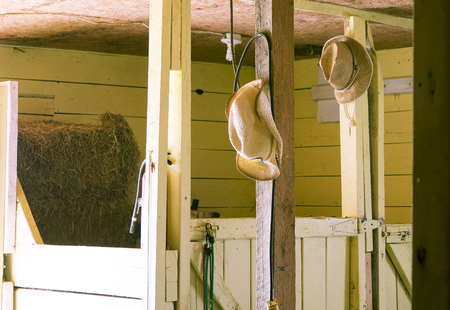 In an old barn there were these hats that were in evidence. Photo taken in spring 2018, Montreal, Quebec.の写真素材