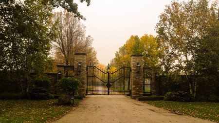 Iron gate leading to a long drivewayの素材