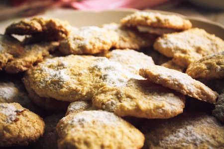 Group of homemade oats cookies closeup on a dishの写真素材