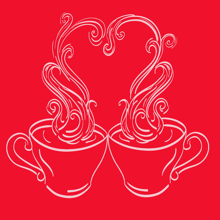 circuit of two cups of the couple with a heart on a bright pink backgroundのイラスト素材