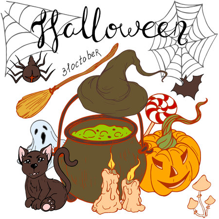 a traditional set for Halloween, design elements for All Saints Day, a black witch kitten, candles, a spider on a web, a treat to halloween, a witch's hat, a ghost, a toadstool, a broomstick.のイラスト素材