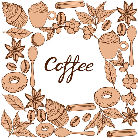 seamless pattern with coffee leering, bubbly schnitzel, cinnamon stick, cream cake, donut, spoon, macchiato, macaroni, coffee beans, coffee leaves, coffee berriesのイラスト素材