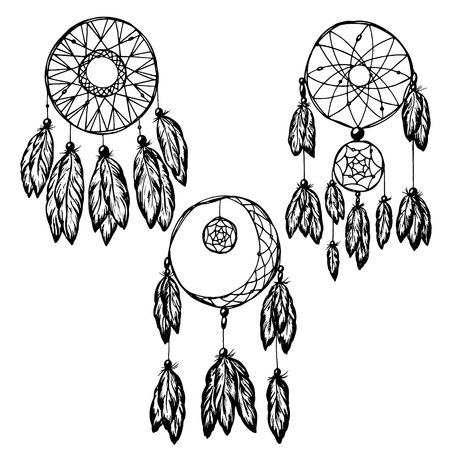 catcher of dreams drawn by hand in retro style, black on white background, vector imageのイラスト素材