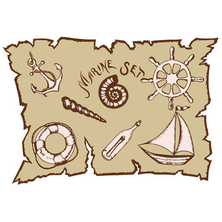 sea set in retro style, pirate set, vector imageのイラスト素材