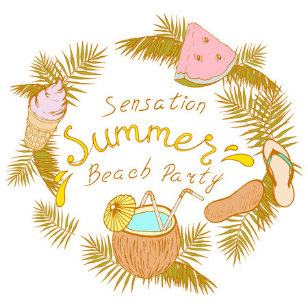postcard with an inscription sheet, palm leaves, coconut cocktail, ice cream in a waffle cup, Vietnamese, slice of watermelon, vector illustration hand-drawnのイラスト素材