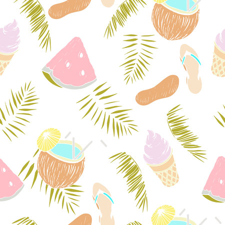seamless pattern, palm leaves, coconut cocktail, ice cream in a waffle cup, Vietnamese, slice of...