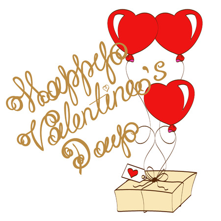 greeting card happy saint valentine day, bank with hearts, letter with wings, envelope, balloons in uniforms, stickers, vector illustrationのイラスト素材