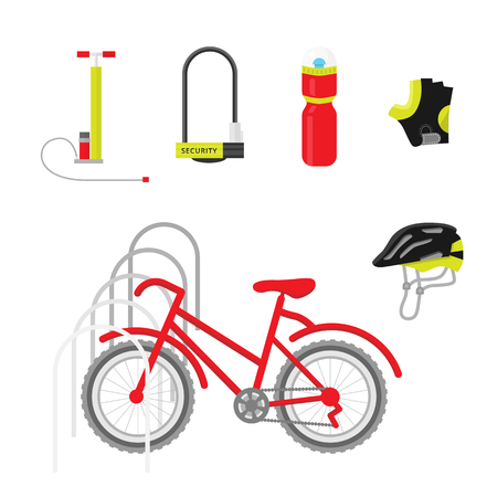 Bicycle equipment icon vector set. Red bike and uniform cyclist illustration. Bike equipment for sportのイラスト素材