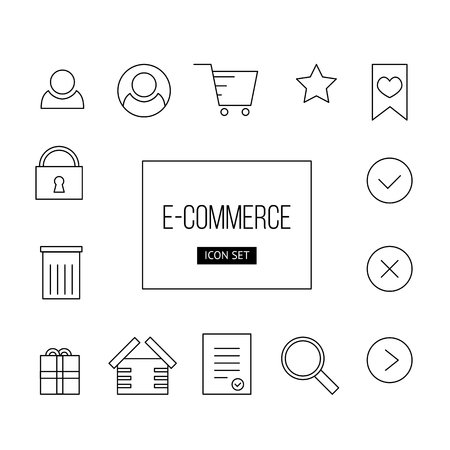 Vector simple outline set of icon e-commerce: user, delete, shop, favorite, star, close, yes, gift, password for web and mobile app.のイラスト素材