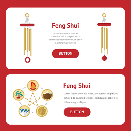 Five elements, symbol of feng shui in flat design: fire, water, wood, earth, metal.  Concept Web design banner, layout, cardsのイラスト素材