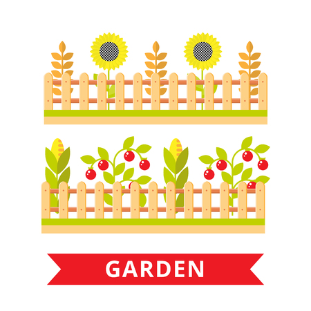 Garden flat illustration. Garden with fence iconのイラスト素材