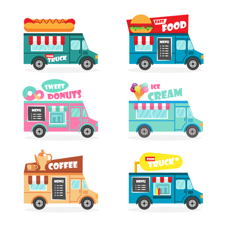 Food truck flat set. Fast street food van deliveryのイラスト素材