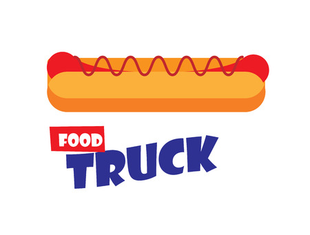 Hot dog flat vector. Classic american fast food - sausage with mustard and ketchup. food truckのイラスト素材