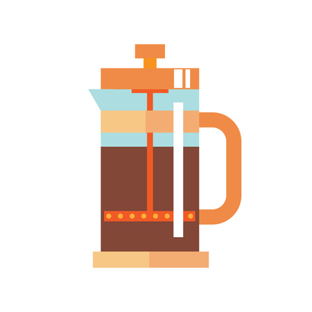 Modern Glass Teapot with Infuser. Tea, coffee kettle illustration. Hot teapot flat icon. Isolated straight lines kettle on white background.のイラスト素材