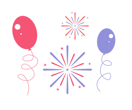 Cakes set. Vector cake icon design element. Birthday cake isolated illustration. balloon fireworks, wedding cake on white backgroundのイラスト素材