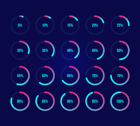 Colorful pie charts. Ux percent download, dashboard for app, web. Performance analysis percent. Set of bright blue percentage diagrams. Modern infographic elements. 10 percent graphs, dark backgroundのイラスト素材