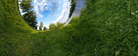 Panoramic photo looking like inverted green planet. Ecology concept.