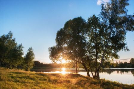 Early morning on a lake in Russia. Panoramic image.の写真素材