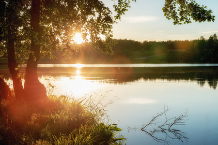Early morning on a lake in Russia. Panoramic image.の写真素材