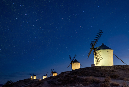 Landscape with windmills at the top of the hill in Spain