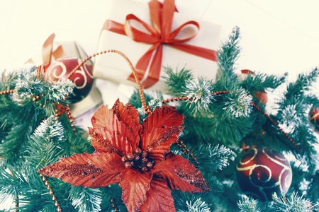 Christmas background, fir-tree with decorarion for textの写真素材