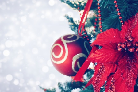 Christmas background, fir-tree with decorarion for textの写真素材