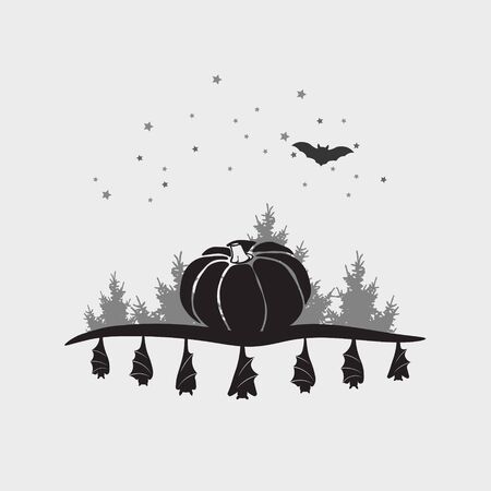 Hand drawn pumpkin with trees, bet and stars, autumn halloween background vectorのイラスト素材