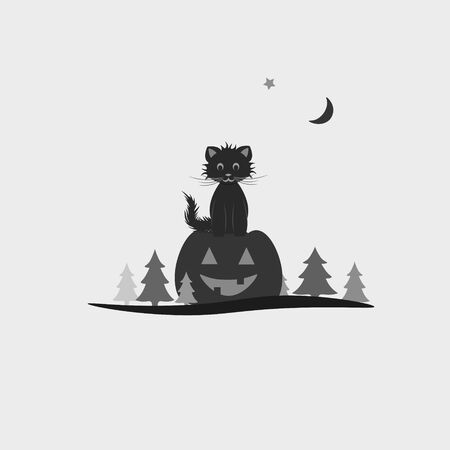 A black cat sitting on pumpkin, autumn halloween background vectorのイラスト素材