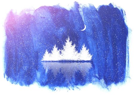 Interesting blue nature backgground with fir trees and moonの写真素材