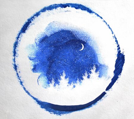Interesting blue nature backgground with fir trees and moonの写真素材