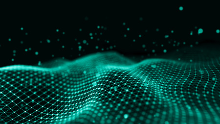 Data technology illustration. Wave with connecting dots and lines on dark background. Wave of...