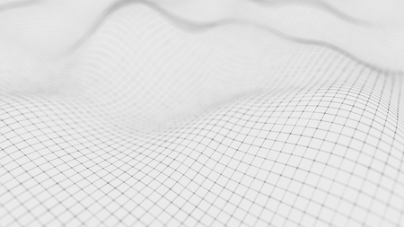 Wave white background. Abstract white futuristic background. Wave with connecting dots and lines on dark background. Wave of particles. 3D rendering.の写真素材