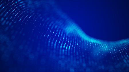 Wave of particles. Futuristic blue dots background with a dynamic wave. Big data. 3d rendering.