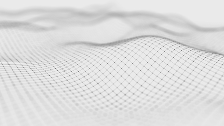 Wave white background. Abstract white futuristic background. Wave with connecting dots and lines on dark background. Wave of particles. 3D rendering.の写真素材
