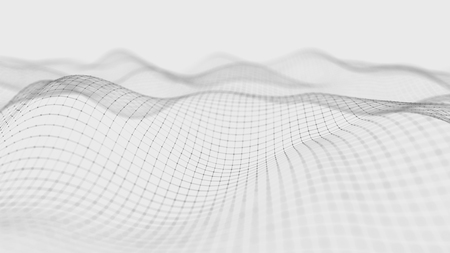 Wave white background. Abstract white futuristic background. Wave with connecting dots and lines on dark background. Wave of particles. 3D rendering.の写真素材