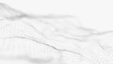 Wave white background. Abstract white futuristic background. Wave with connecting dots and lines on white background. Wave of particles. 3D rendering.の写真素材