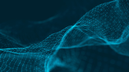 Wave of particles. Futuristic blue dots background with a dynamic wave. 3d rendering.