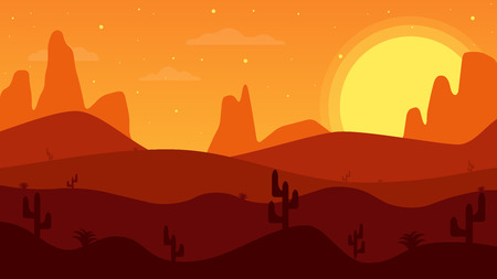 Desert mountains. Cartoon desert landscape with cactus. West of the sun in the desert.のイラスト素材