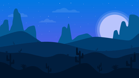 Desert mountains. Cartoon desert landscape with cactus. Night in the desert.のイラスト素材